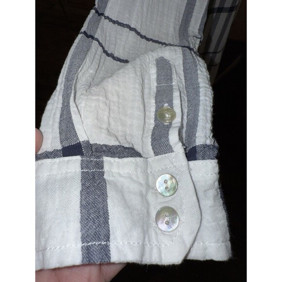 Liverpool Blue White Plaid Split Neck Long Sleeve Lightweight Blouse Size L - Picture 5 of 16
